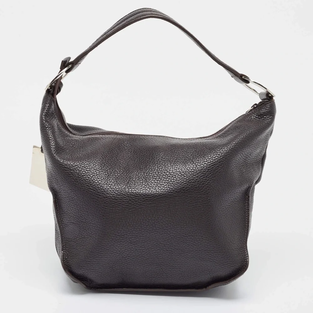 Furla Dark Brown Grained Leather Ring Handle Hobo
